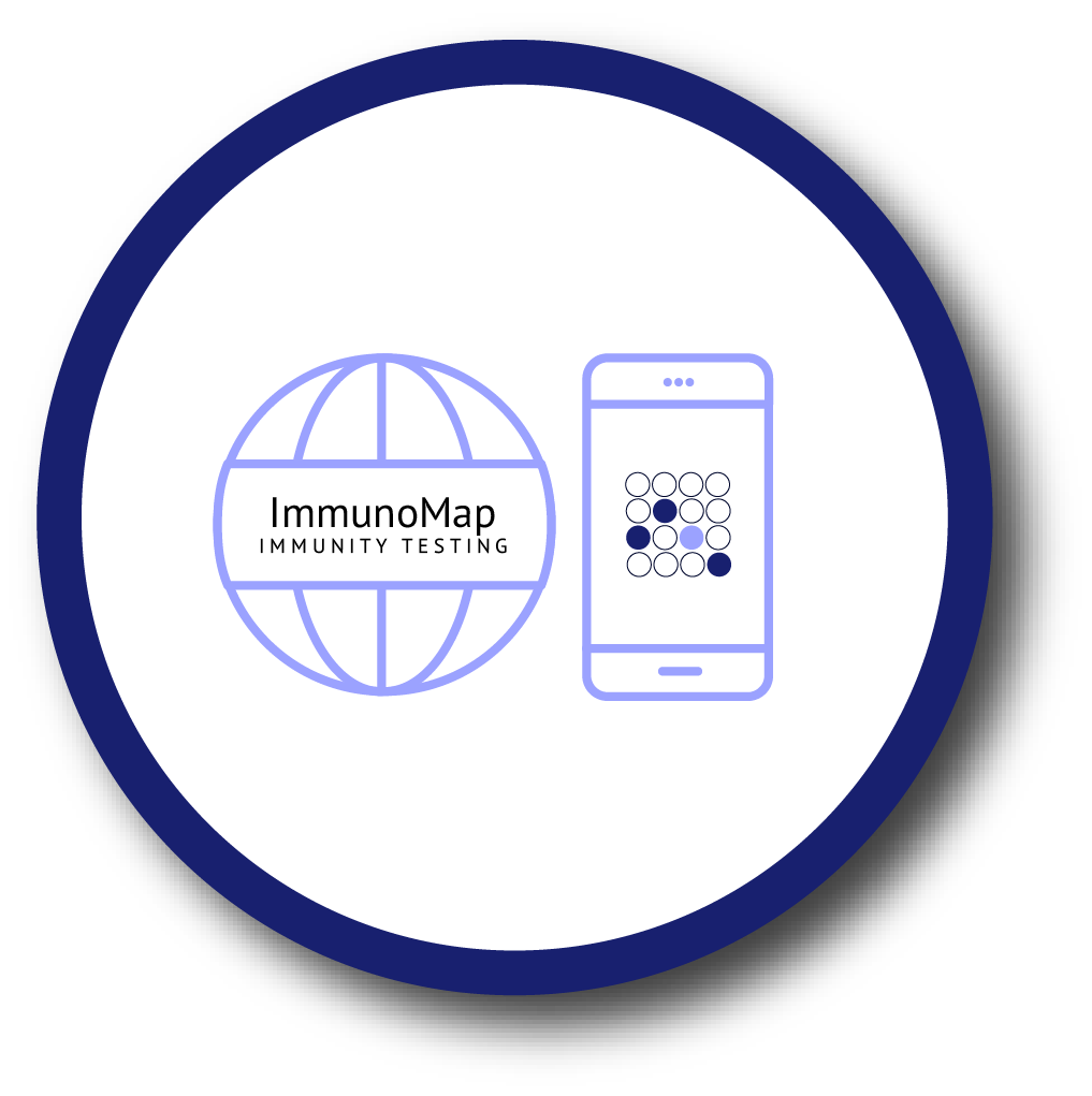 A globe with the ImmunoMap logo inside of it and a smart phone with the company logo displayed