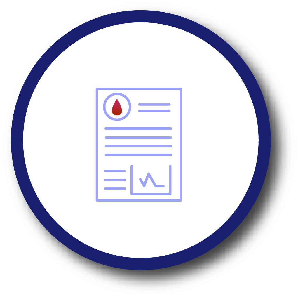 A sample report with a blood droplet icon on the top left corner