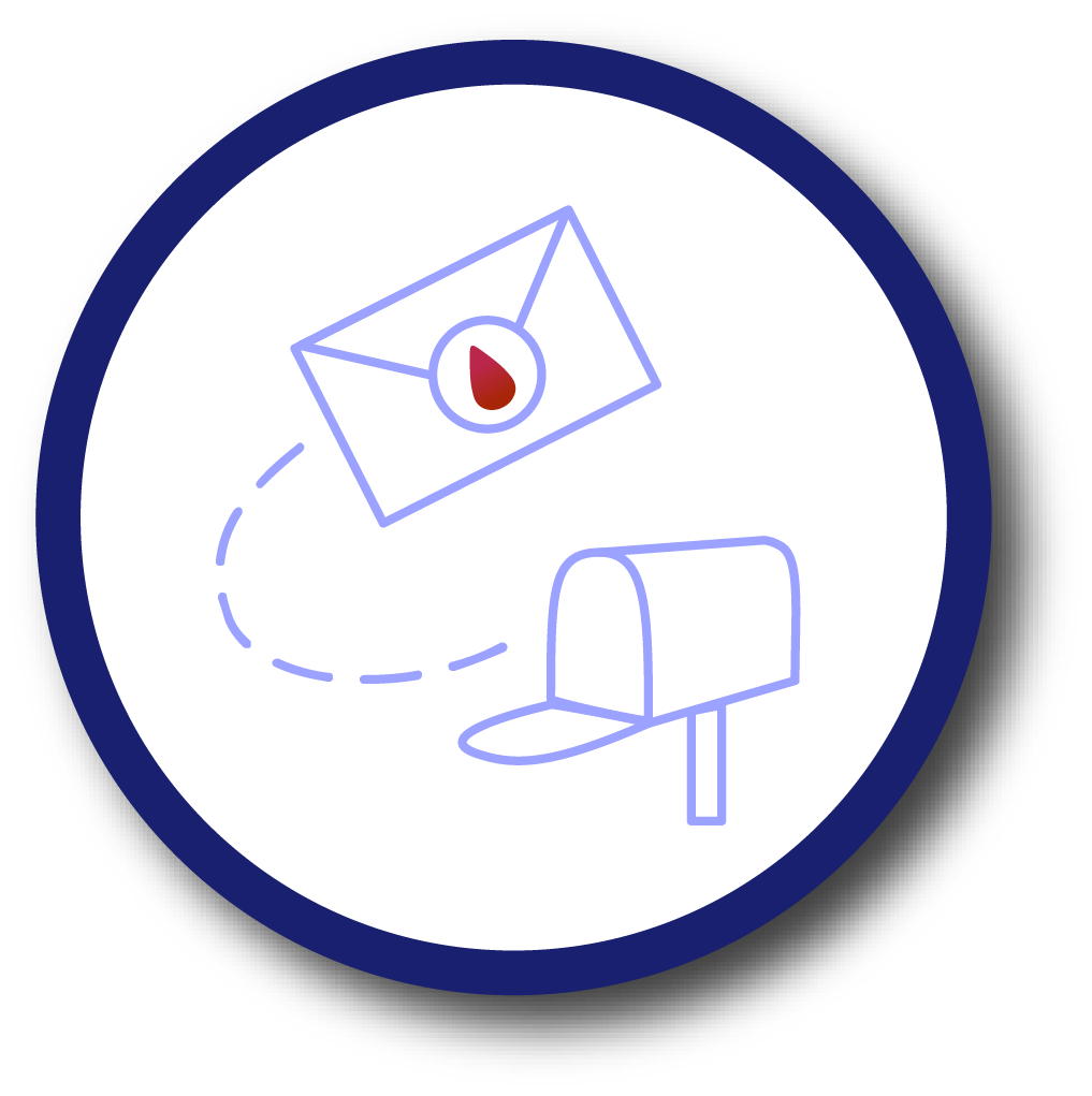 An envelope with a blood droplet icon on the front of it flying out of an envelope