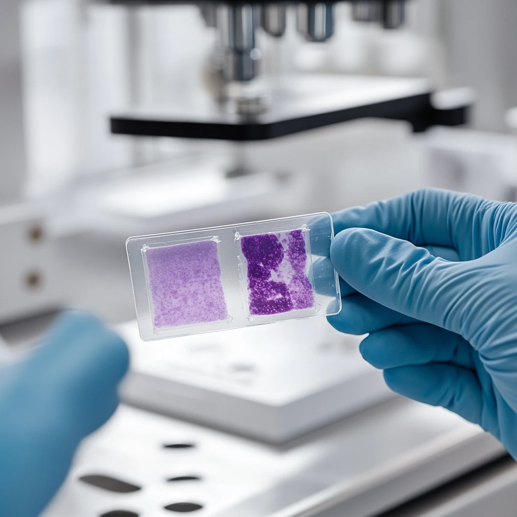 A scientist holding a rectangular transparent card with two purple samples in them